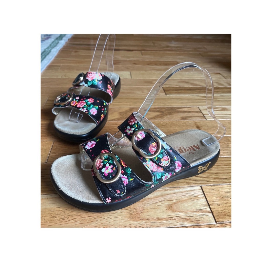 Alegria by PG Lite Womens Black Floral Leather Buckle Slide Sandals 38/8 Comfort